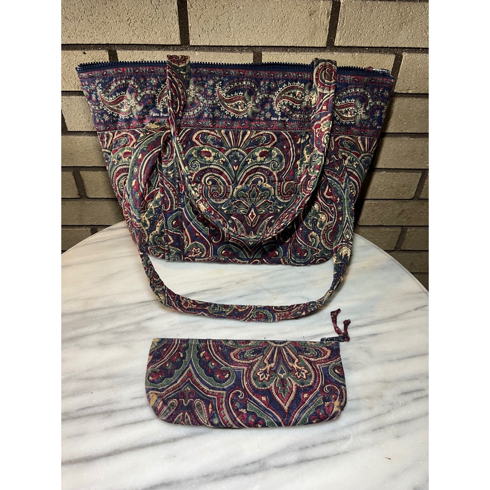 Vera Bradley Paisley Miller Tote Bag and Pouch Set Navy Burgundy Retired Vintage